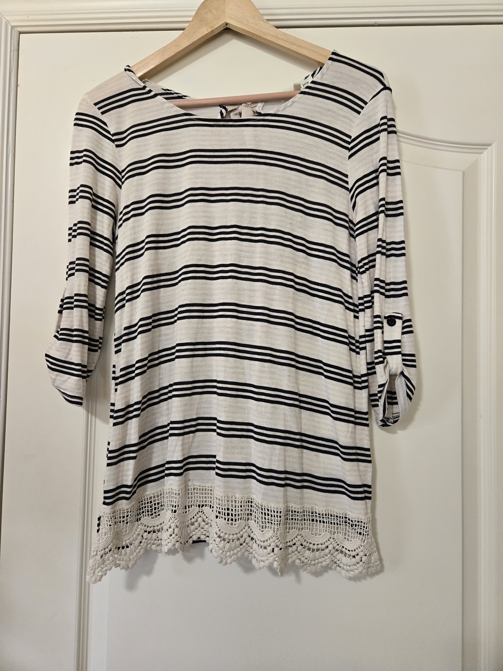 Faith and Joy Black & White Striped Crochet-Hem Tunic